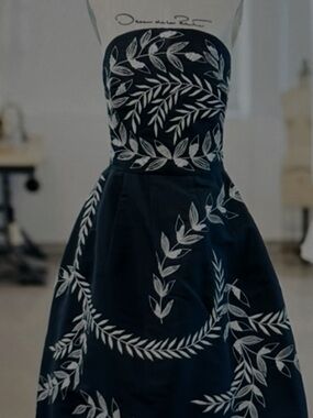 Oscar de la Renta Navy Strapless Dress with Silver Leaf Embroidery